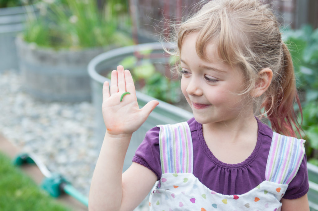 Little girl showing a caterpillar she found on her hand during a backyard family session