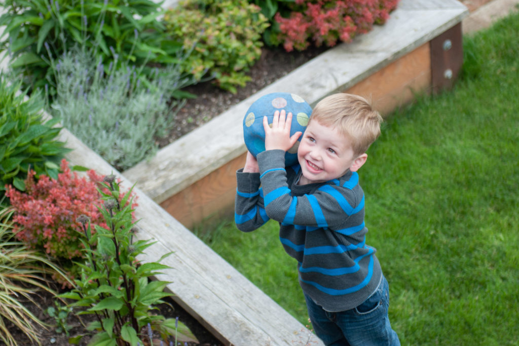 Little boy in a striped jacket playing catch in his backyard during a family session