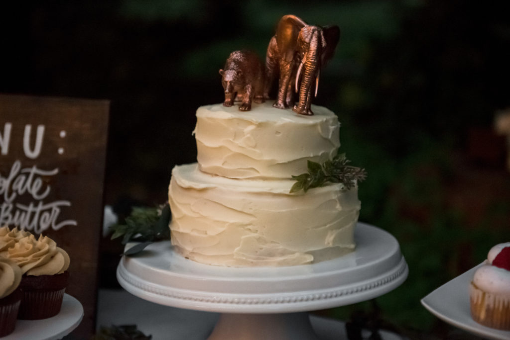 Jesse & Paige McEachran Homestead Winery outdoor wedding dessert reception copper cake topper bear and elephant by Tina Captures Photography