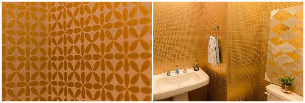 Gold wallpapered bathroom. Designed by McFadden & Grace. Tina Captures Photography.