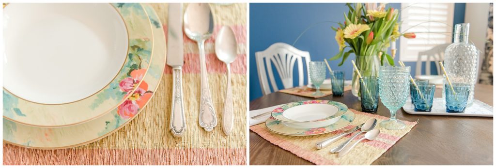 Dining room table place settings. Designed by McFadden & Grace. Tina Captures Photography.