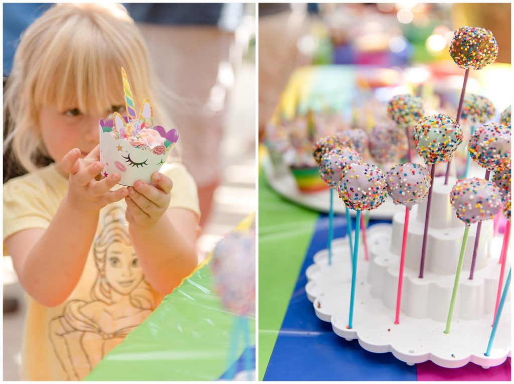 Rainbow cake pops and cupcakes for unicorn themed birthday party